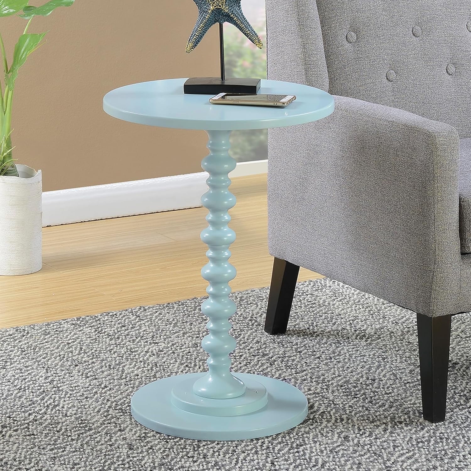 Convenience Concepts Palm Beach Spindle Table 17.75 - Traditional Round End Table for Living Room, Turned Solid Wood Side Table, Classic Display Pedestal Table, Sea Foam Blue  Retail $67