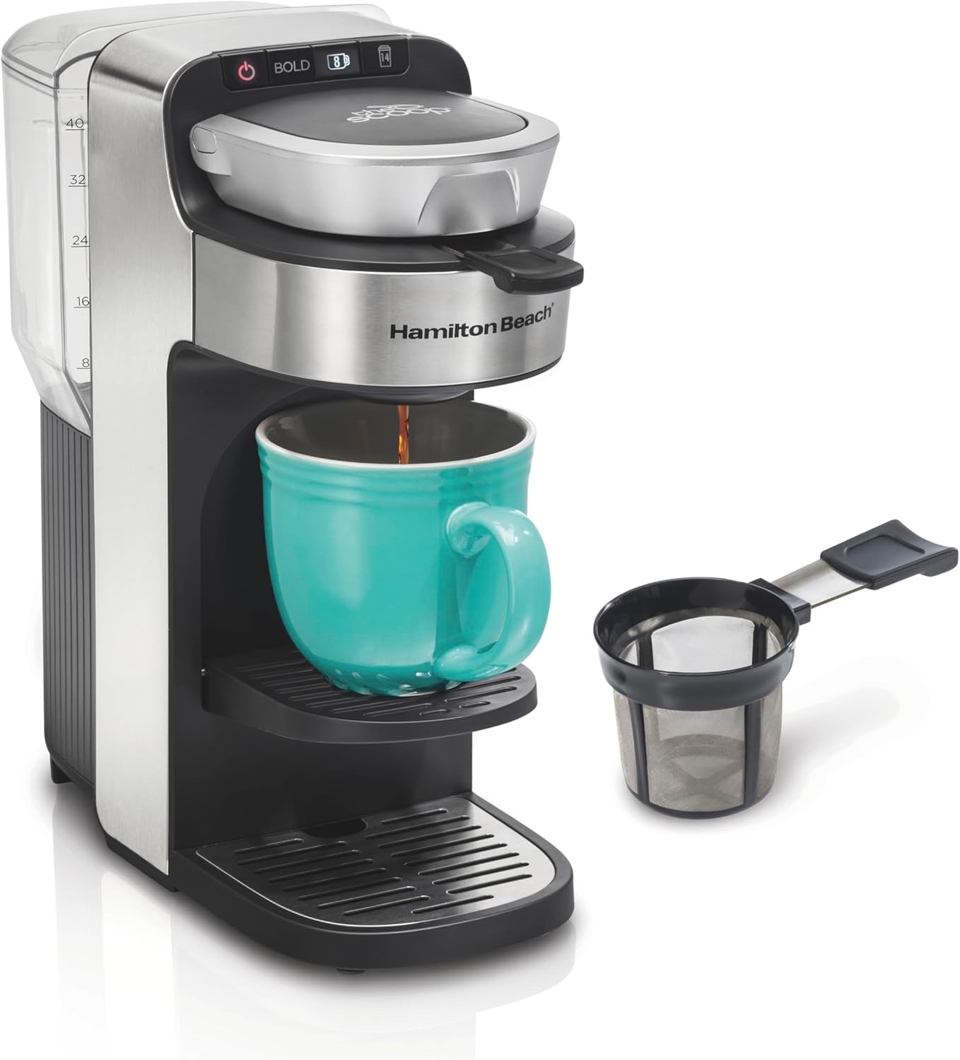 Hamilton Beach The Scoop Single Serve Coffee Maker & Fast Grounds Brewer for 8-14oz. Cups, Brews in Minutes, 40oz. Removable Reservoir, Stainless Steel  Retail $67