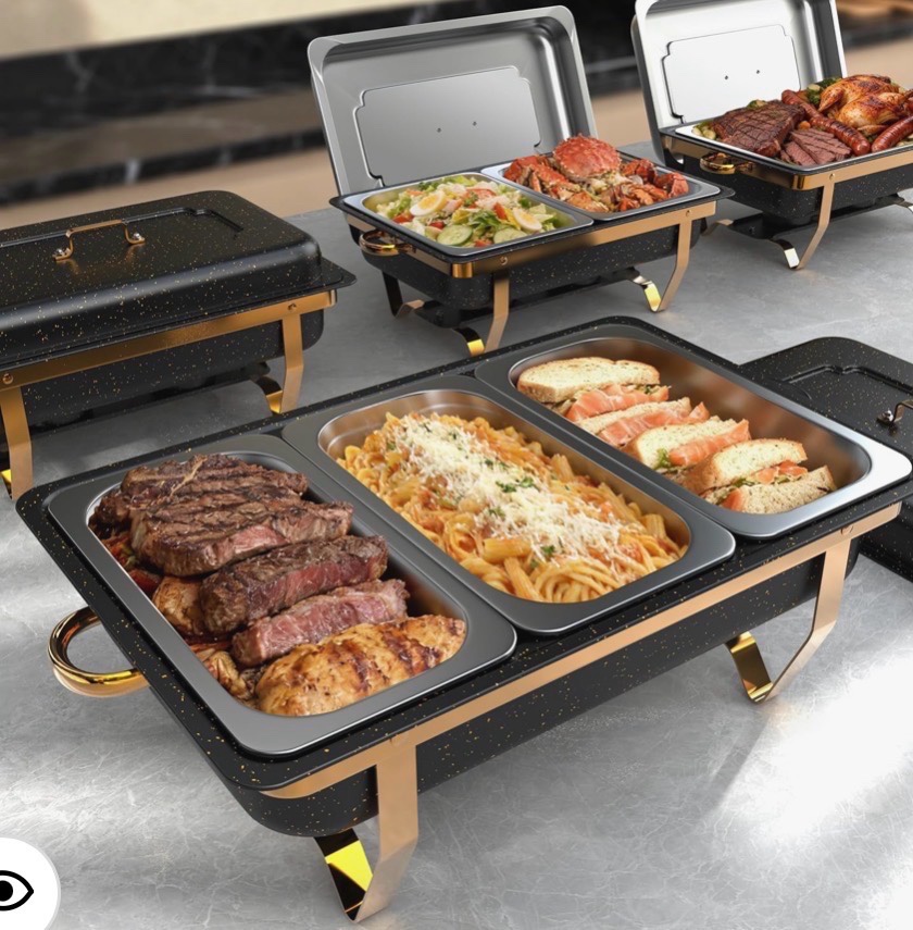 Amhier Chafing Dishes for Buffet 9Qt 4 Pack Multi-Size Food Pans Stainless Steel Chafing Dishes Sturdy and Durable Chafing Dish Buffet Set for Weddings & Parties Retail $200