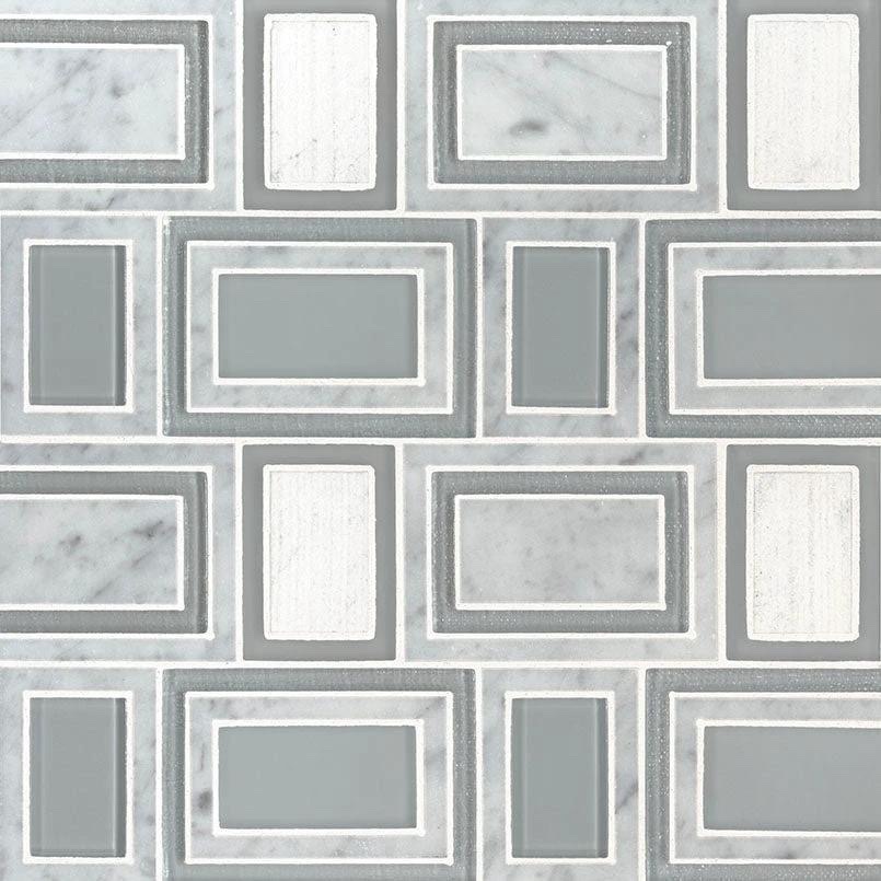 Soho Stax Geometric Tile 12Lx11W - 0.94 sq ft  sheet  Retail $36sheet  10 sheets in box  a mix of stone and glass. Use these as a countertop or backsplash tile to create a beautifully interesting kitchen, or feature it as a patterned wall tiles