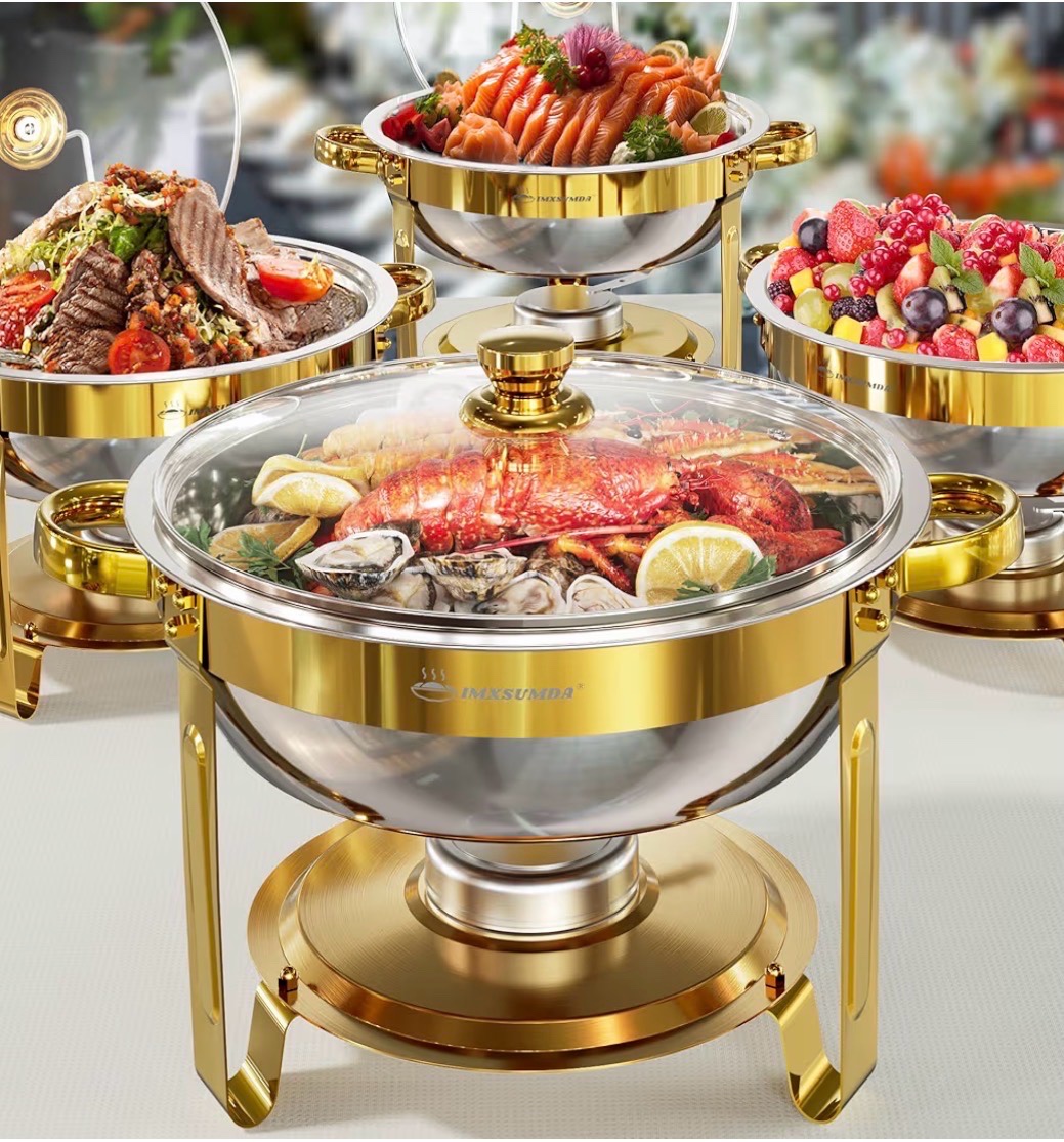 Chafing Dish Buffet Set 4 Pack, 5QT Gold Round Chafing Dishes for Buffet, High Grade Chafers and Buffet Warmers Sets with Glass Lid, Rolled-Edge Food Warmers for Parties, Weddings, Catering  Retail $171