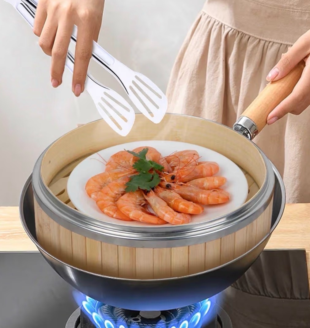 11.8-Inch Vertical Bamboo Steamer Basket, 2-Tier with Stainless Steel Rings,  Cooking Pot for Buns Dumplings Rice Vegetables Dim Sum
