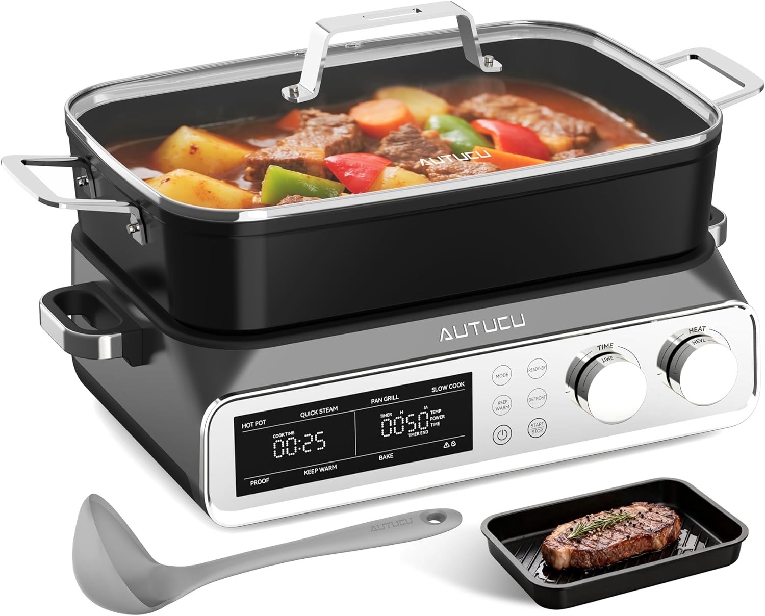 N21NA Pro Slow Cooker 10 Quart, 8-in-1 Programmable PFOA-Free Ceramic Coated Multi-Cooker with Grill Pan, Steaming Plate (Includes Silicone Spoon & Tongs)  Retail $250