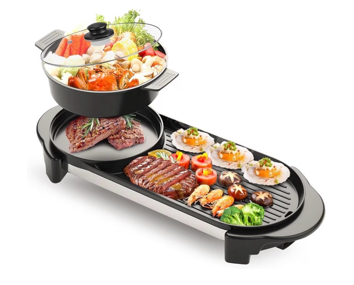 2 in 1 Electric Smokeless Hot Pot with Grill, 2200W Removable Hotpot Pot, Korean BBQ and Shabu Indoor Combo,Non-Stick Skillet Pan, Dual Adjustable Temperature, 1-6 People