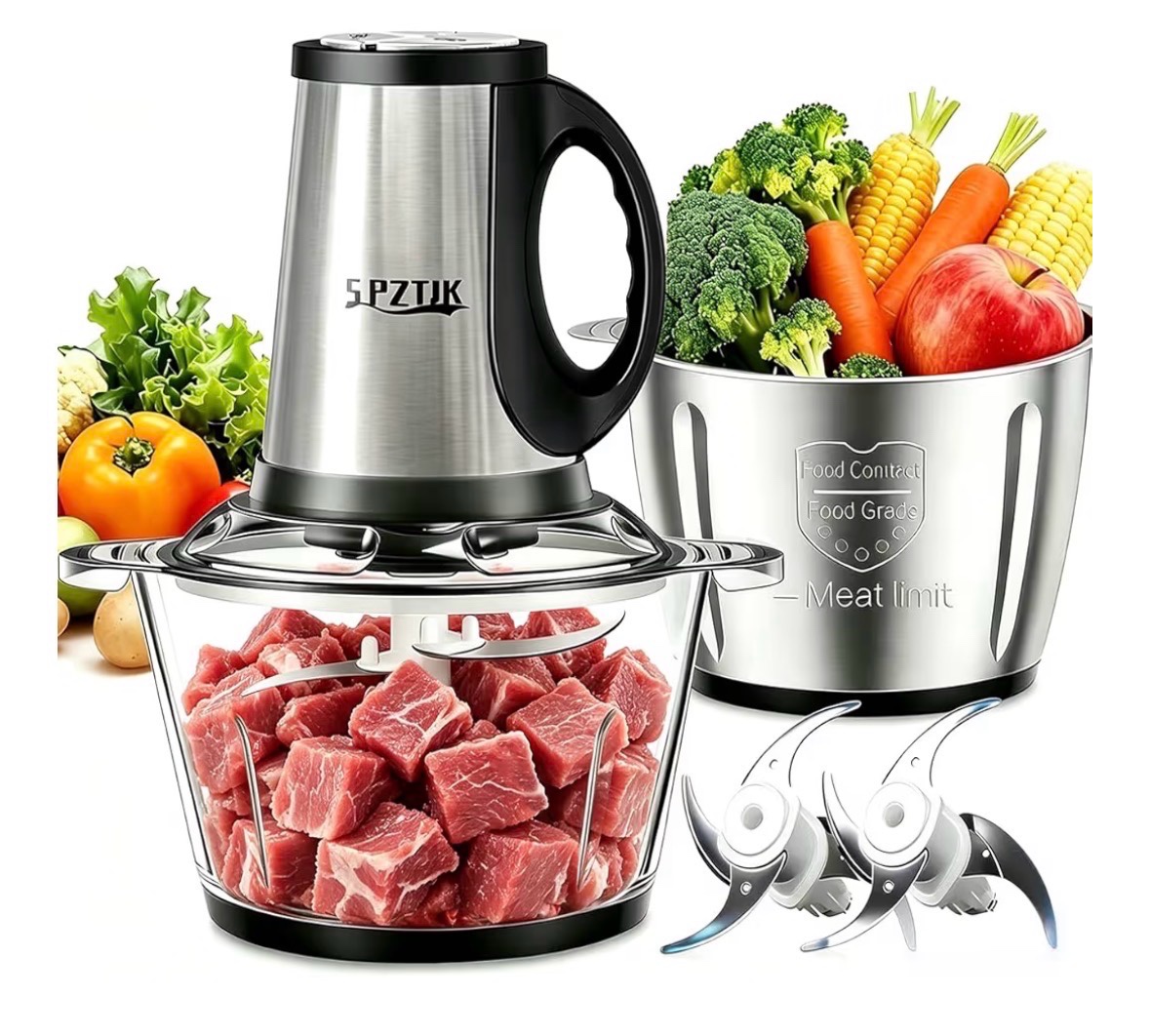 SPZTJK 3-Speed Electric Food Processor Meat Grinder, Vegetable Chopper & Baby Food Maker - 300W, 2 Bowls (8 Cup Stainless Steel8 Cup Glass), Quiet Operation