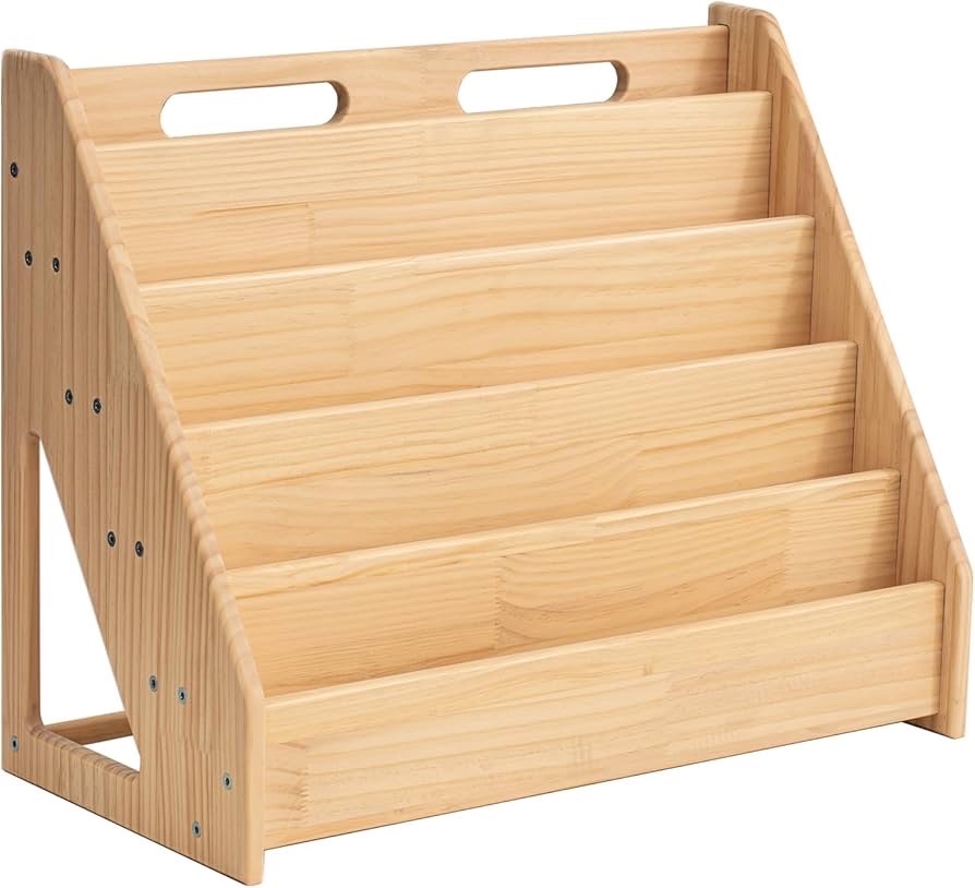 5 Tier Pine Wood Bookshelf Book Holder Wooden Kids Book Rack - Assembly Required - Natural for Kids Room Study Room Play Room Books Magazines Storage Organizer