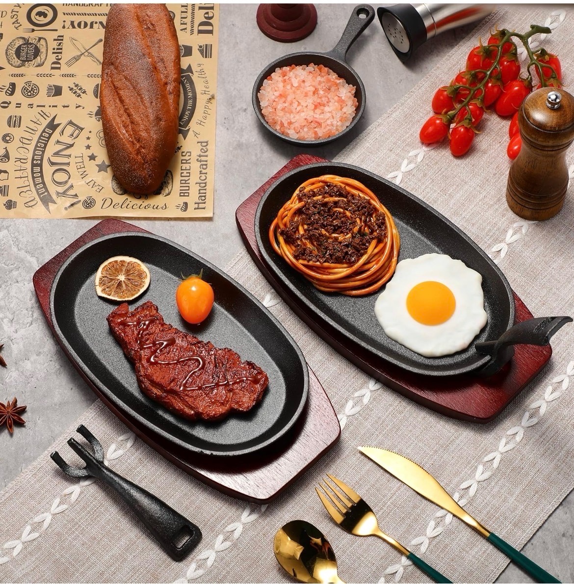 4 pc Oval Cast Iron Fajita Skillet Pan Set Small Sizzling Steak Plate with Wooden Base and Handle Cast Iron Fajita Skillet Sizzling Plate for Restaurant, BBQ, Wedding (9.5 in x 5.5 In)