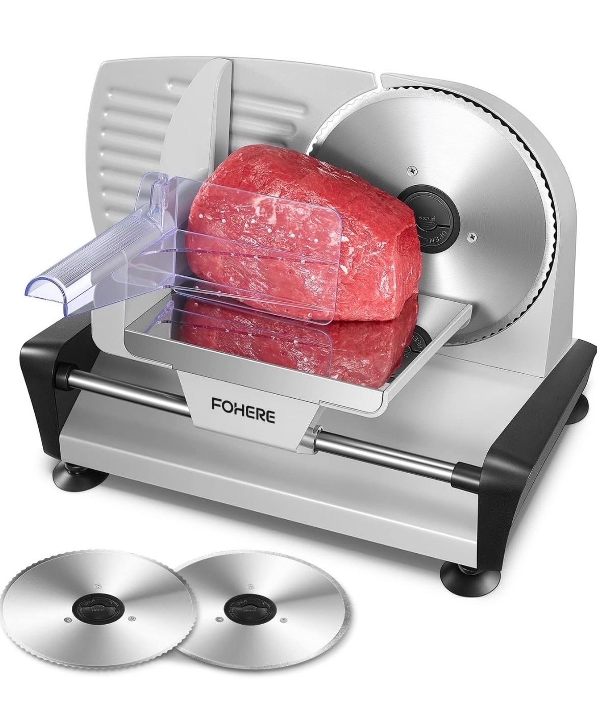 FOHERE 200W Meat Slicer Machine for Home, Electric Food Slicer with Two 7.5 Sharp Stainless Steel Blade(Serrated  Smooth) 0-15mm Precise Thickness Deli Meat Slicer for Bread Fruit Vegetable(Silver) Model SL-519N