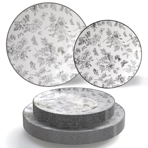 Crown Display Black Floral Disposable Plates 40 Pc Set  20- 8 plates & 20-10 Plates Plastic Dinnerware