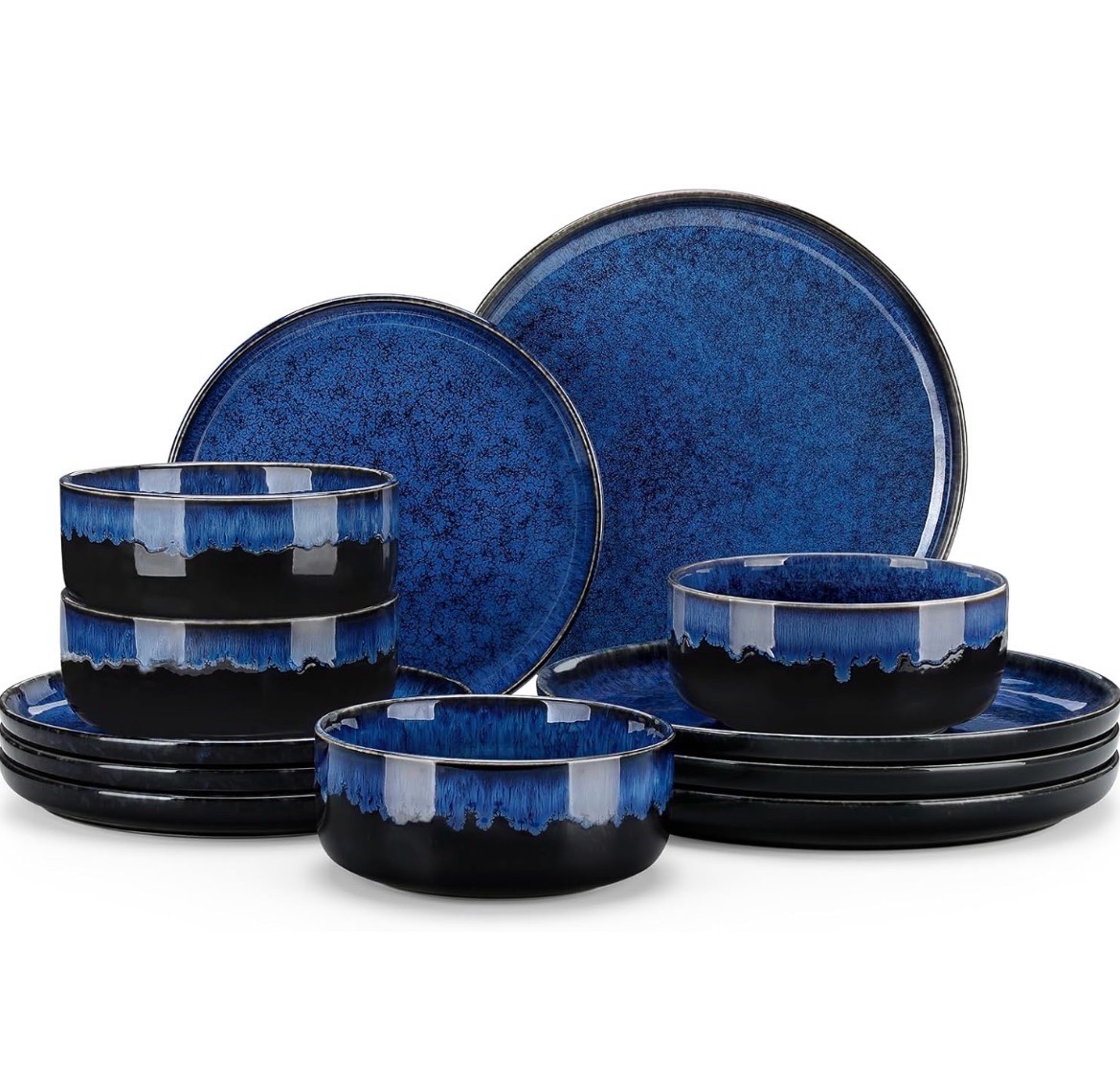 vancasso Starry 12 Pieces Dinnerware Sets for 4, Blue Reactive Glaze Dishes Sets, Ceramic Plates and Bowls Set, Dinner Salad Dessert Plates, and Cereal Bowls Set, Dishwasher and Microwave Safe  Retail $80