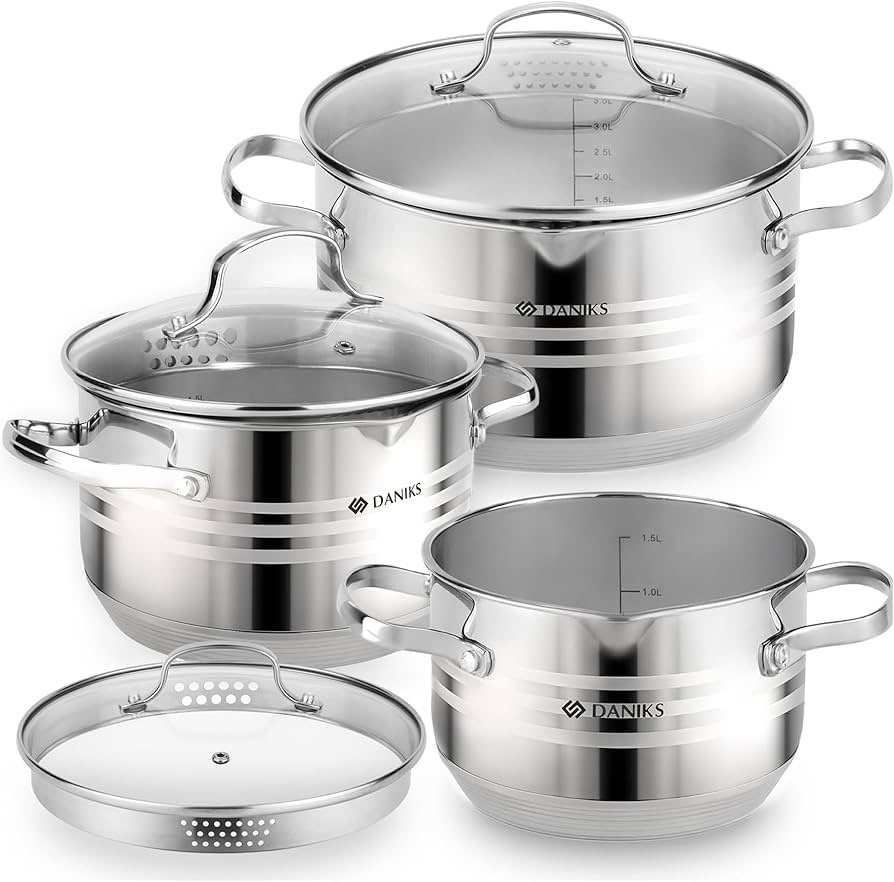 Daniks Tokio Stainless Steel Cookware Set, 6-Piece  2 qt, 3 qt, 4.5 qt Pots with Glass Strainer Lids, 2qt lid is slightly bent as pictured but can be bent back. Induction Ready, Dishwasher Safe, Measuring Scale, Silver - Retail $78