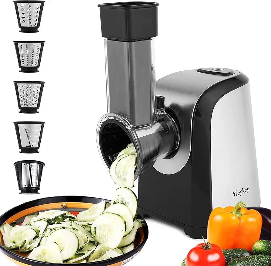 Meykey Electric Vegetable and Fruit Grater 150W Vegetable Cutter Electric Grater with 4 Stainless Steel Accessories Cylinders BPA Free - Retail $90
