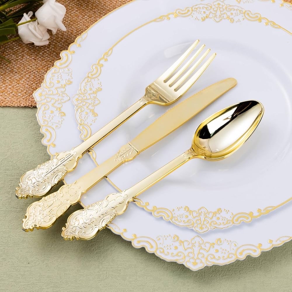 Bestluck 50 Pack Gold Plastic Silverware with Pre Rolled Napkins for 50 Guests, Heavyweight Gold Disposable Utensils Sets Includes 150 Plastic Cutlery, and 50 Napkins for Party & Wedding -Retail $60