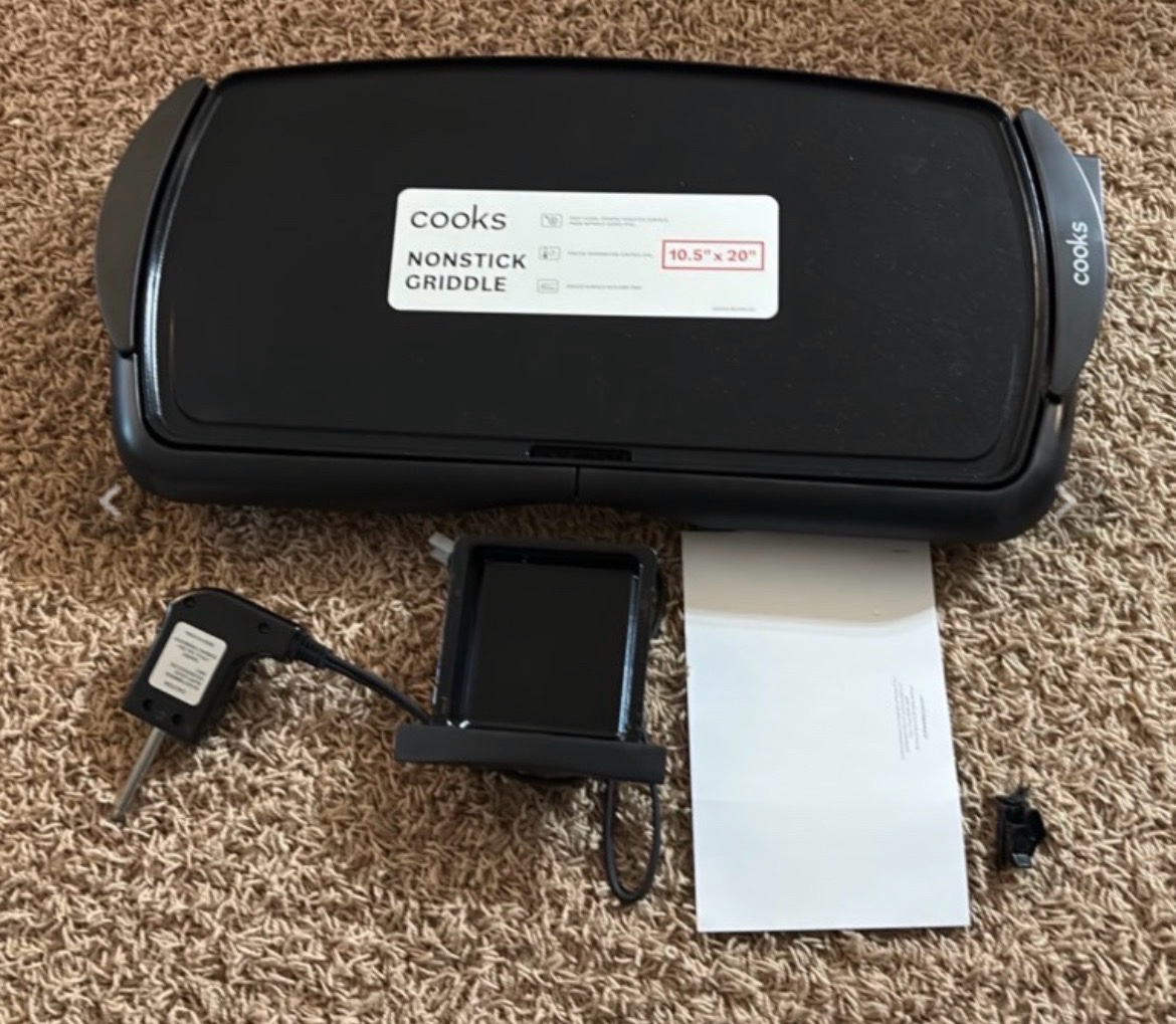Cooks Nonstick Griddle, Electric Plugin 10.5 in x 20 in, Working Condition, in Box, Small Plastic Bracket Under watch That Homes Drip Tray is Partially Broken But it Still Holds the Drip Tray