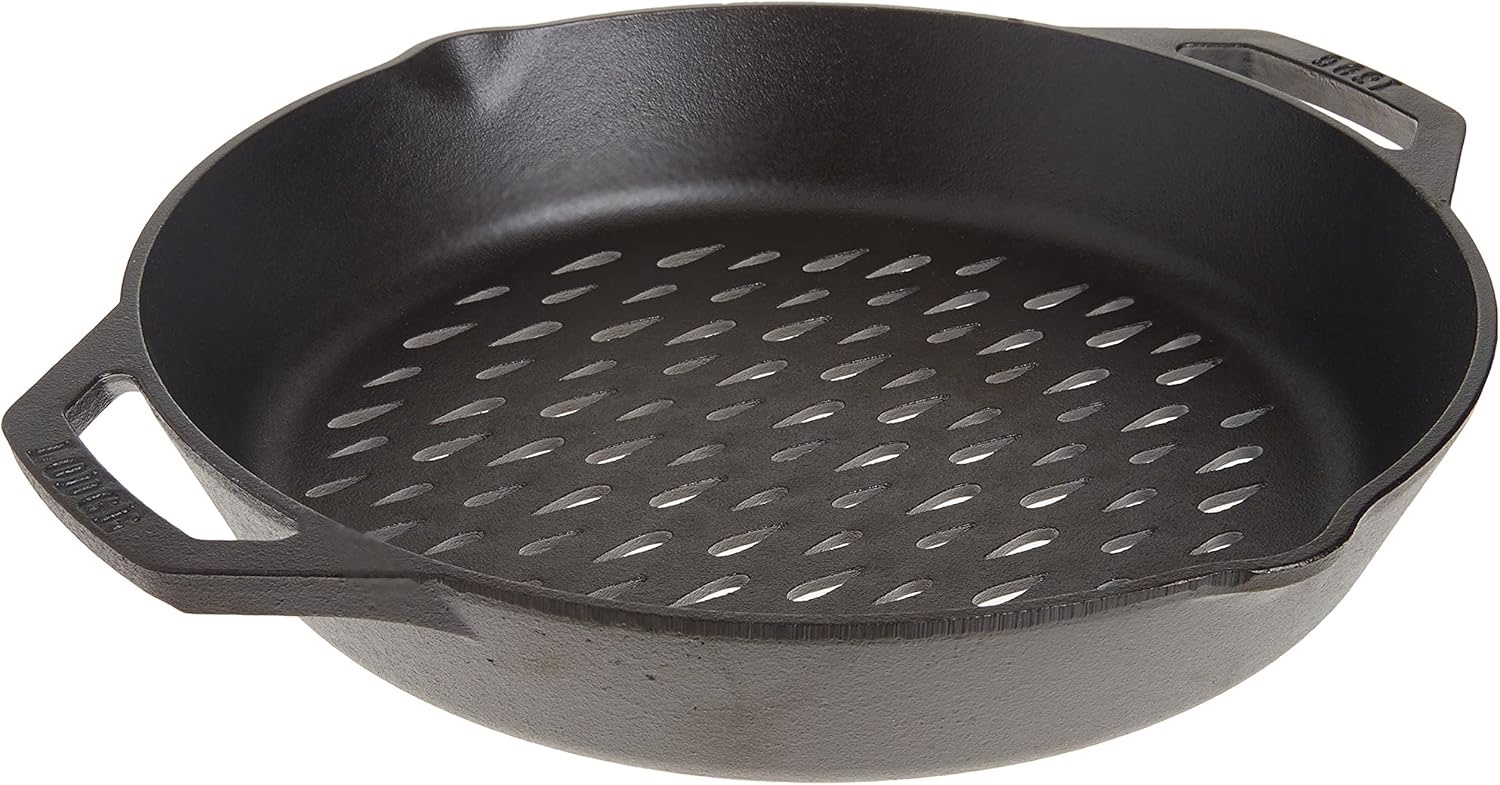 Lodge Pre-Seasoned Cast Iron Round Grilling Pan - Use on the Grill - Grilling Pan Designed to Protect Food from Falling Through the Grate - Cast Iron 12 Inch