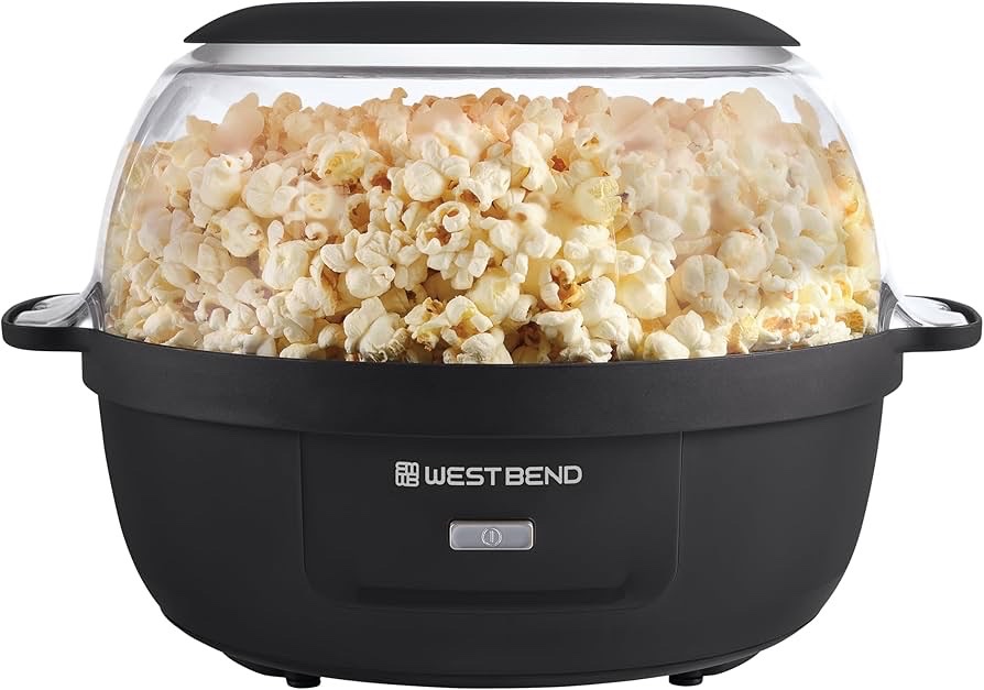 West Bend Stir Crazy Hot Oil Popcorn Popper, Popcorn Maker Machine with Large Serving Bowl Lid and Stirring Rod, 6 Qt, Black - Retail $66