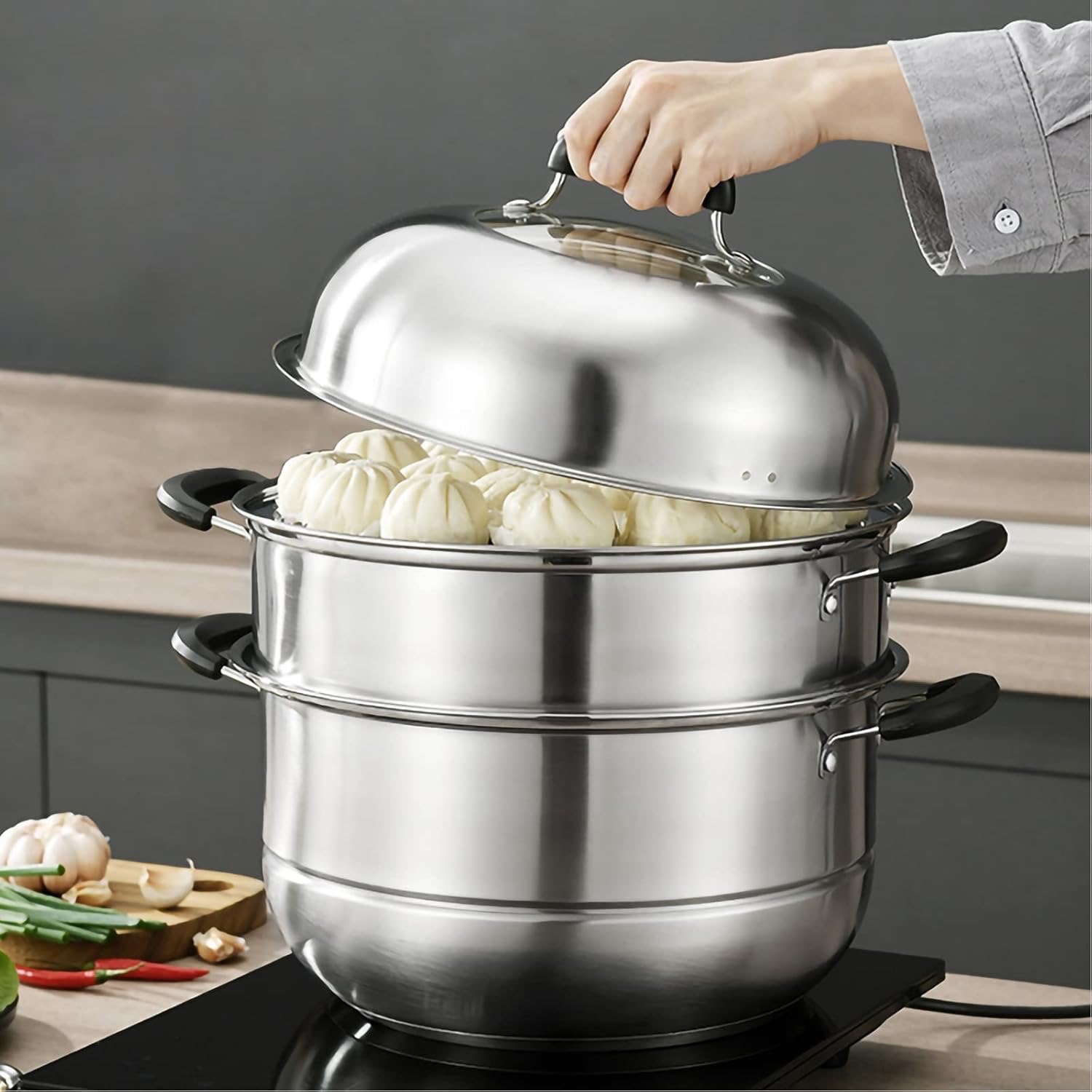 MANO Steamer Pot for Cooking 11 inch Steam Pots with Lid 2-tier Multipurpose Stainless Steel Steaming Pot Cookware with Handle for Vegetable, Dumpling, Stock, Sauce, Food - Retail $66