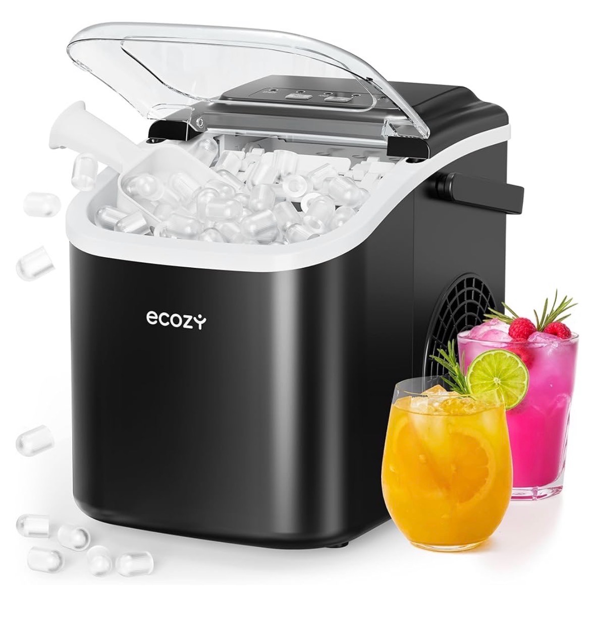 ecozy Portable Ice Makers Countertop, 8 Cubes in 6 Mins, 26lbsDay, Bullet Ice Maker Machine with 2 Ice Sizes, Self-Cleaning Ice Maker with Carry Handle for HomeKitchenPartyTravel - 2026 Version
