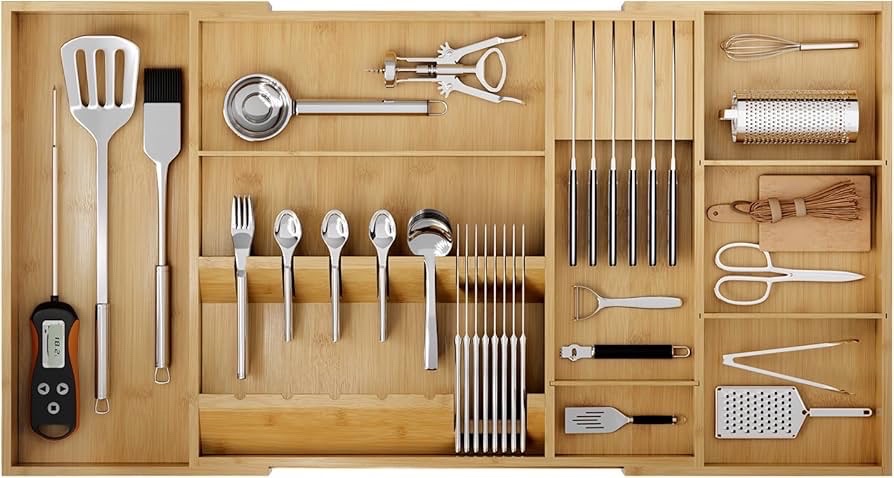 Bamboo Silverware Drawer Organizer, 17.72-29.53 Inch Expandable, Silverware not Included, Large Kitchen Drawer Organizer, 5-8 Slot Flatware with Removable Card Slots & Knife Block for Spoon Butter Knive, Natural