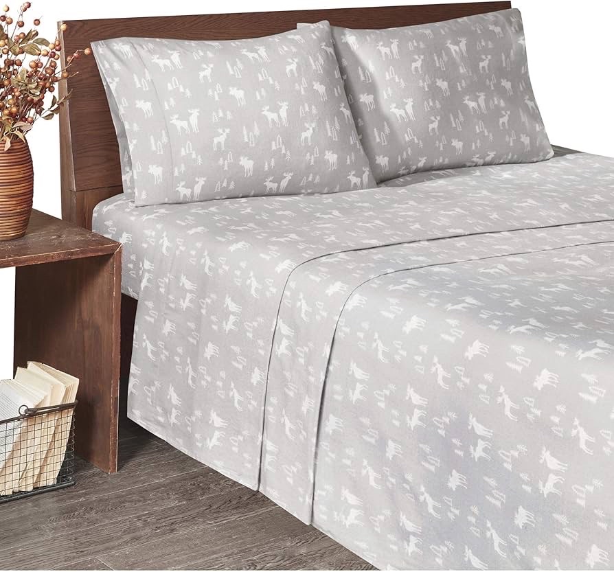 Queen - Woolrich Cotton Sheet Set Cottage Charms Print, 100% Cotton Flannel Sheets Warm & Fuzzy Bedding Set Queen Size Sheets, Fitted Pocket Fits Up to 14 Mattress, Queen Grey Moose, 4 Piece