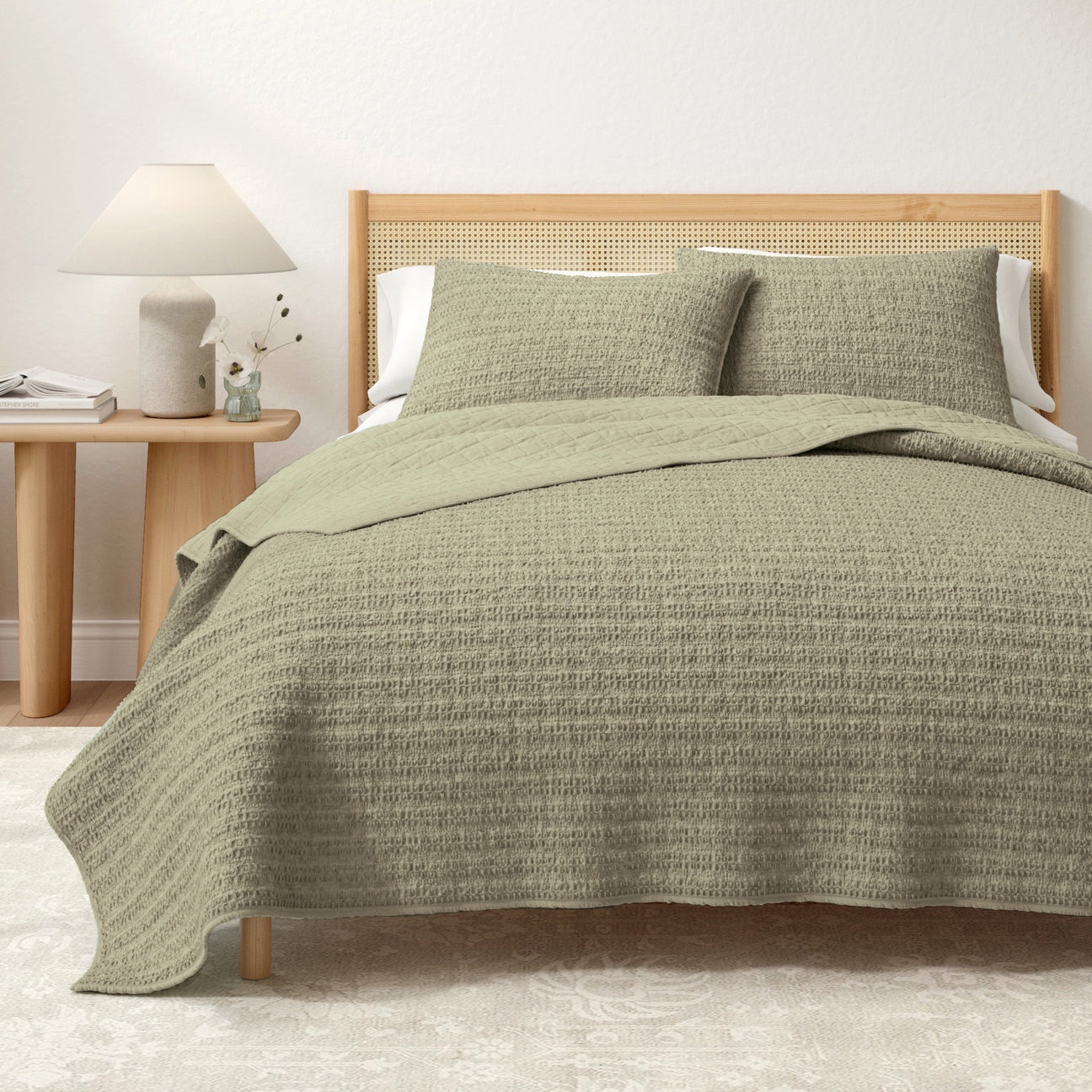 FullQueen - Waffle Weave Cotton Quilt Set - 1 quilt 2 shams - Eucalyptus Green - Retail $138