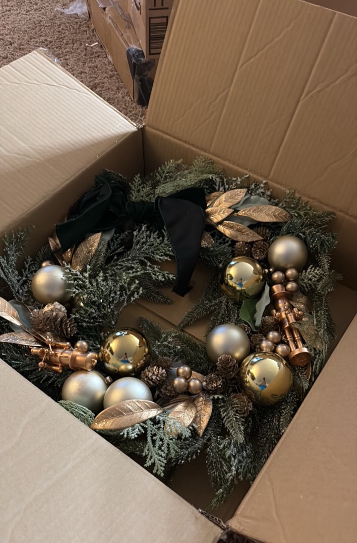 Decorative Christmas Holiday Wreath With Christmas Balls, Gold Accents and Decorations