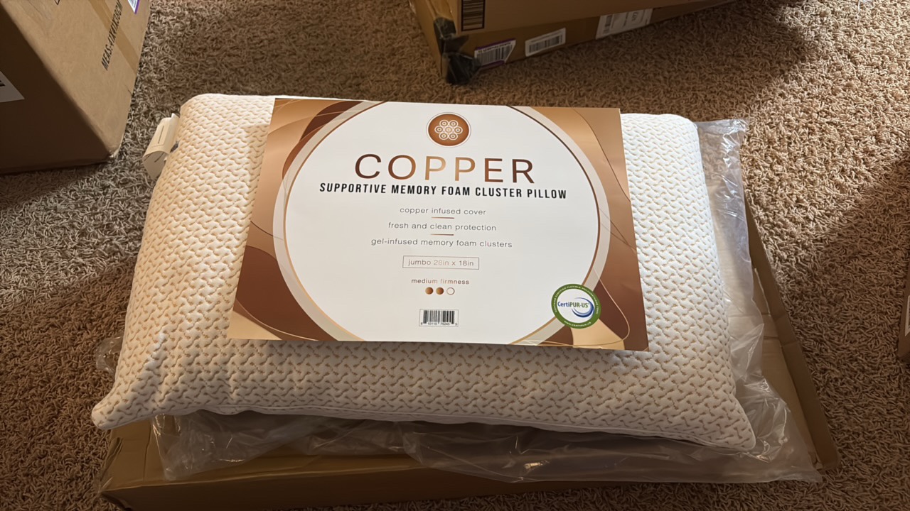 Copper Supportive Memory Foam Cluster Pillow Copper Infused Cover, Fresh and Clean Protection, Gel-Infused Memory Foam Clusters, Jumbo 28 inch X 18 inch, Medium Firmness
