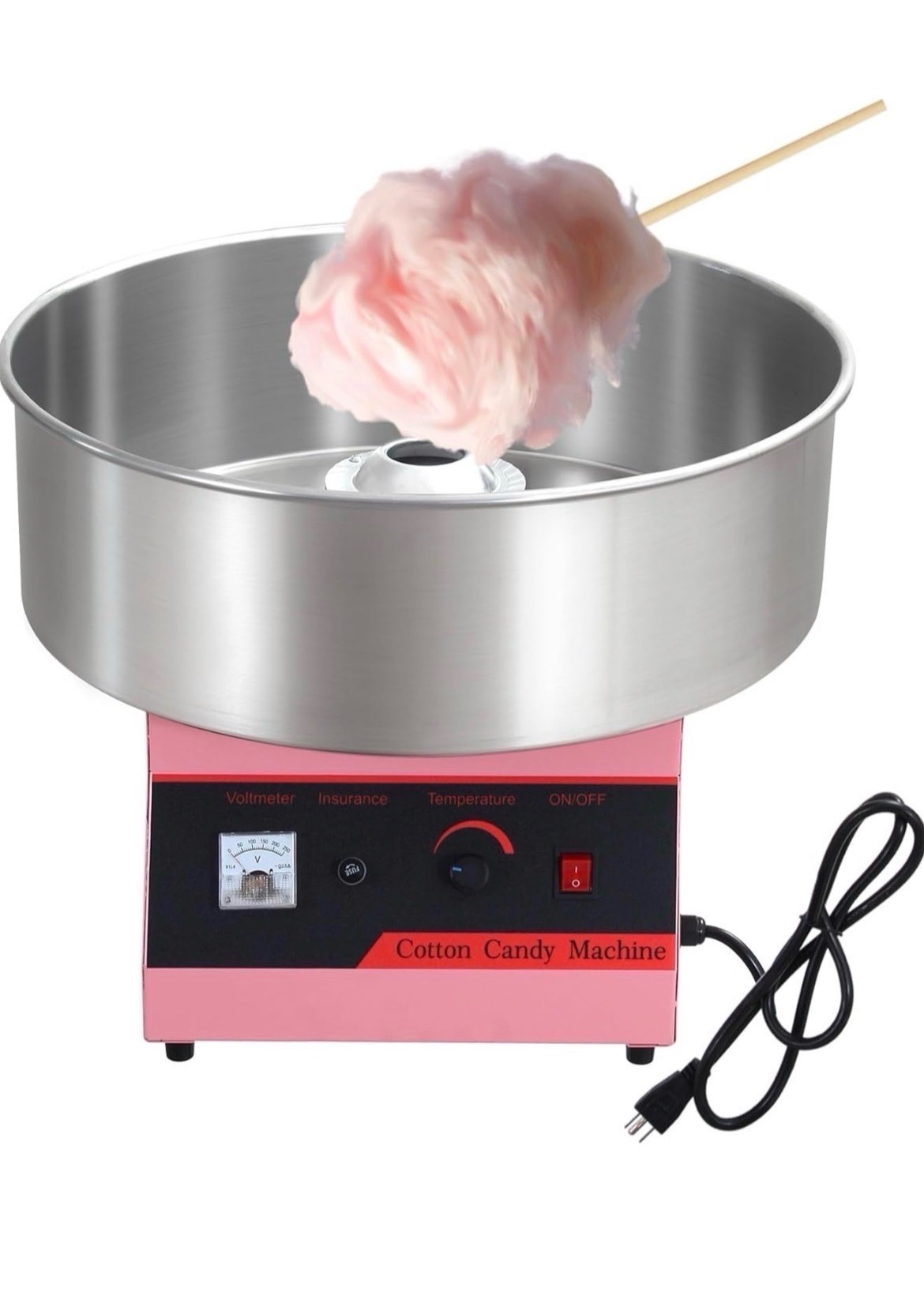 Pink 1030W Electric Cotton Candy Machine, Commercial Candy Floss Maker, 20 inch Stainless Steel Bowl - no lid