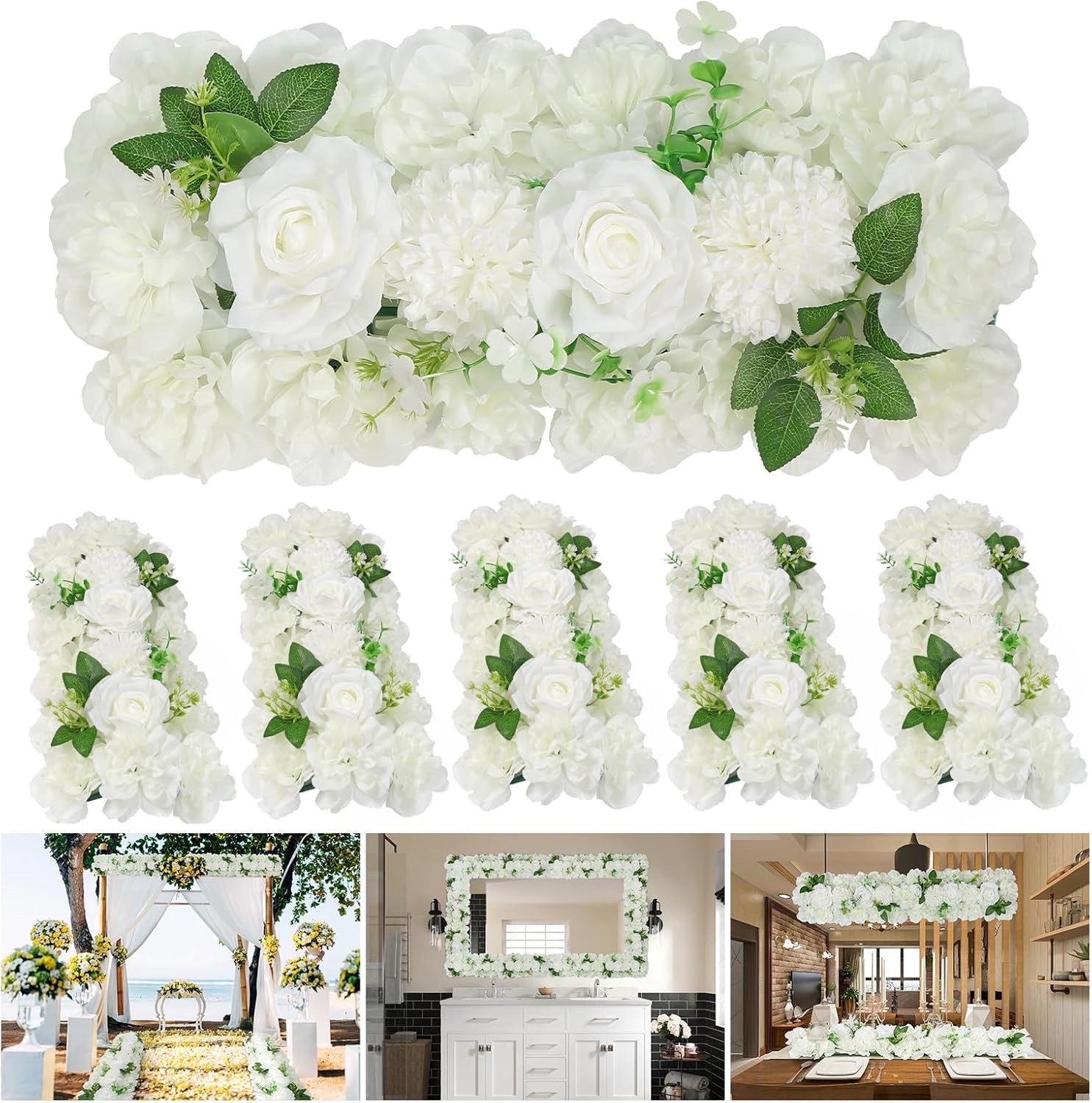 Wedding Arch Artificial Flower Panels - 10Pack - 17 each - White Faux Floral Swags Rose Silk Fake Peony Realistic Corner 3D Flower Row Arrangement Combo for Wedding Reception Ceremony - Retail $130