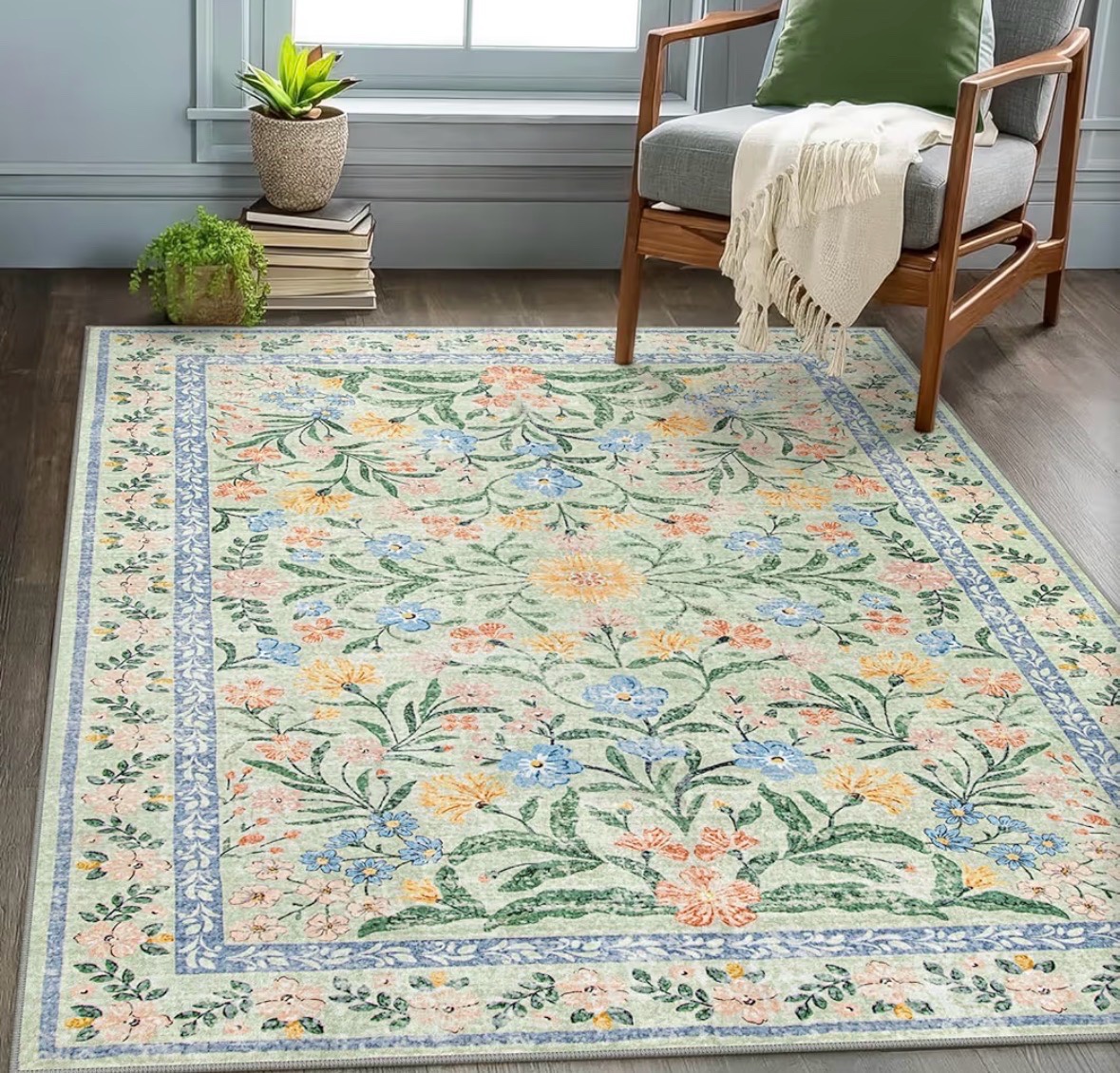 Wonnitar Machine Washable 5x7 Area Rug, Boho Floral Rugs for Living Room Non-Slip, Soft Pink and Green Flower Ultra-Thin Non Shedding Carpet for Bedroom Dining Room Nursery, Great for Girls Bedroom