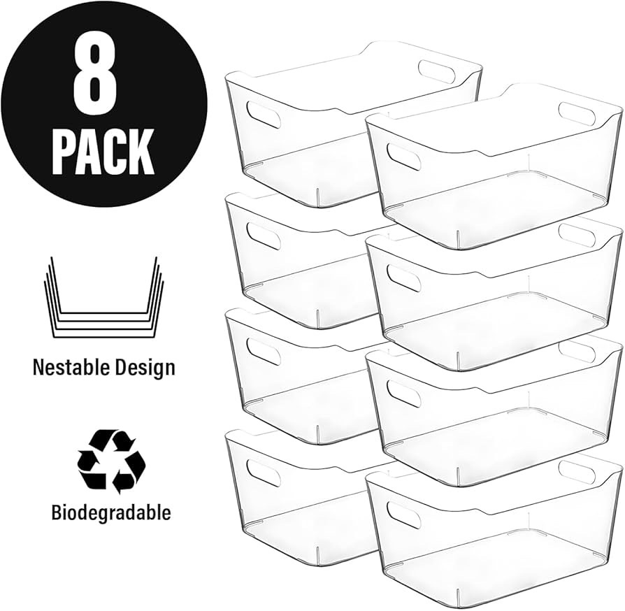 8 pack  Clear Plastic Storage Bins, Small Fridge Organizer Kitchen Organizers and Storage Containers Bathroom Organization and Storage Bin for Makeup Organizer, fruits, Chips, Perfume, Skin Care, crafts 12.5Lx12.5Hx7W