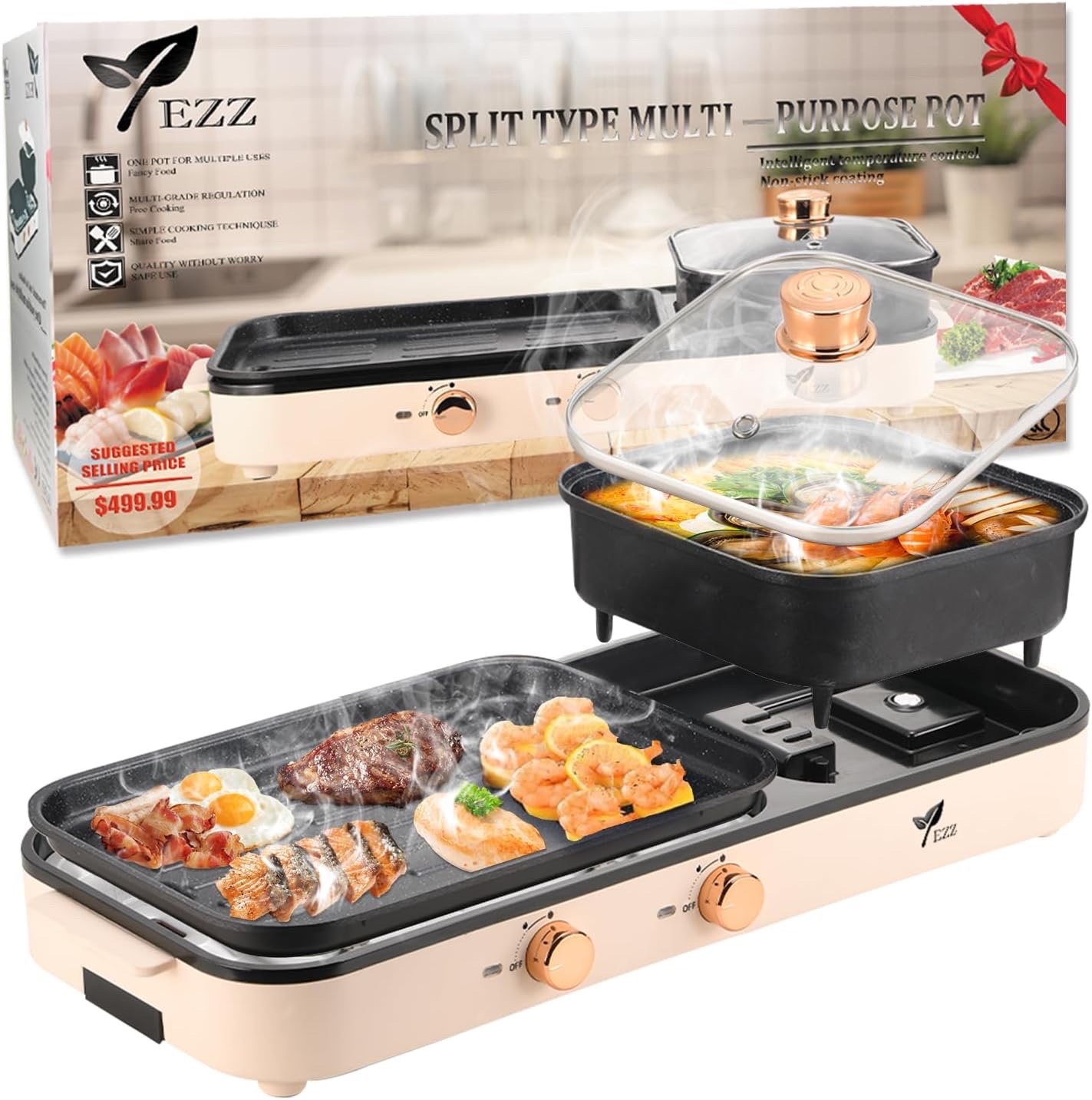 Electric Hot Pot with Grill,2-10 People Indoor Hot Pot 2 in 1 Multi-function Smokeless Shabu-Shabu Hotpot Korean BBQ Grill for Simmer,Separate Dual Temperature Contral