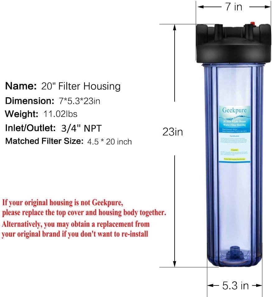 Geekpure 20 whole house water filter housing only - 34NPT - plastic port - fits standard size 4.5x20 filter