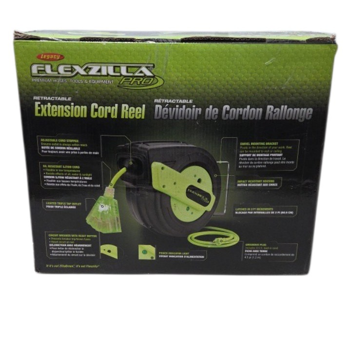 Retail value new about $175$230 Flexzilla Pro 60 ft Retractable Extension Cord Reel  12 Gauge 15 Amp  Lighted Triple Tap Outlet