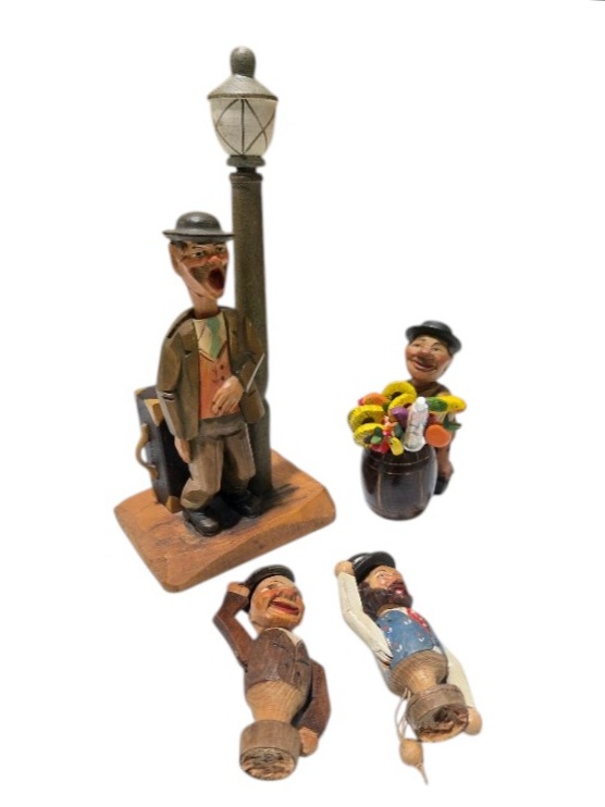 Vintage Hand Carved Wood Folk Art Figure Lot With Bottle Opener, Corkscrew, Barrel Holder and Picks