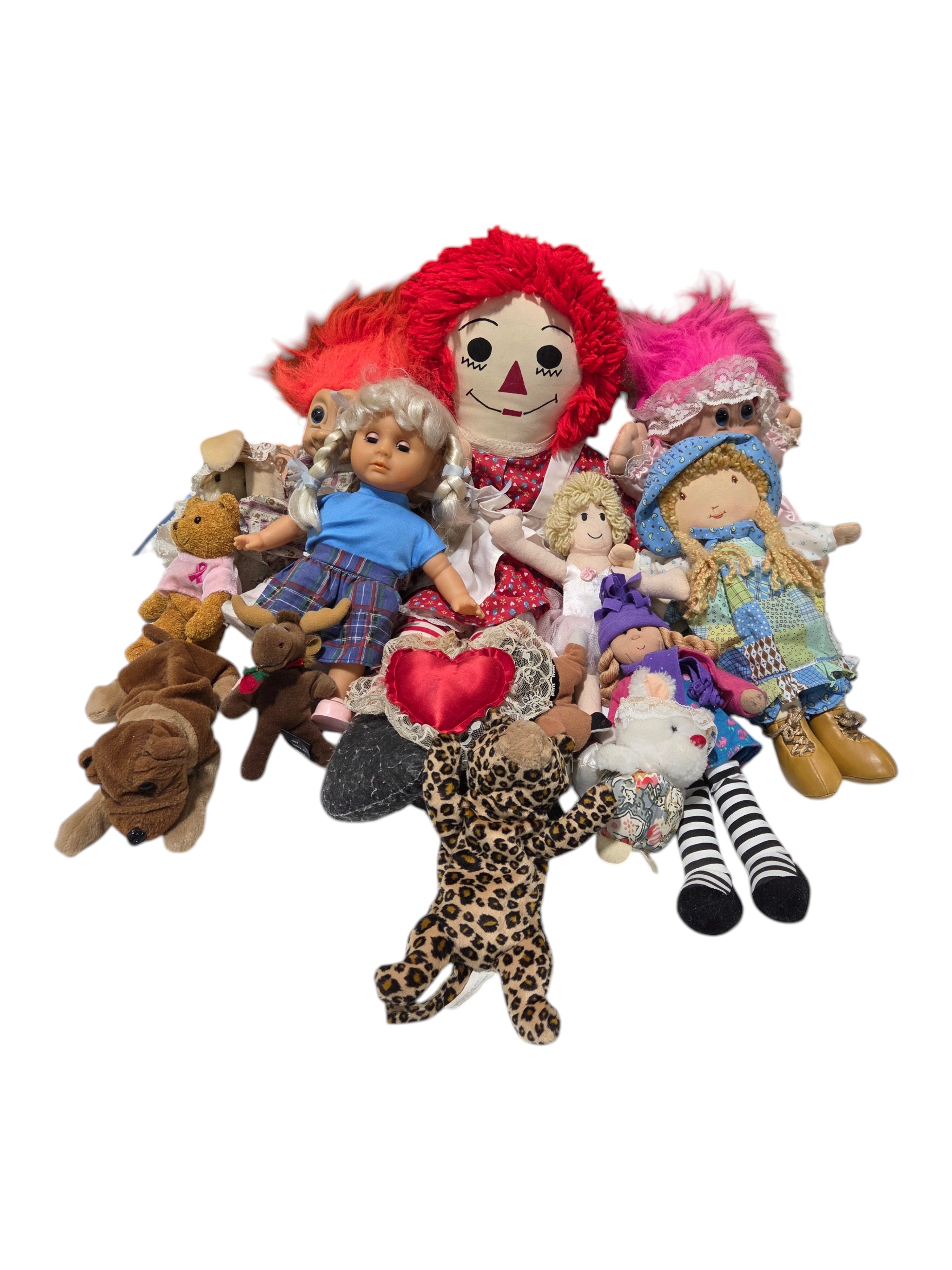 Large Mixed Doll & Plush Lot  Cabbage Patch Style, Raggedy Ann, Trolls, Animals & More