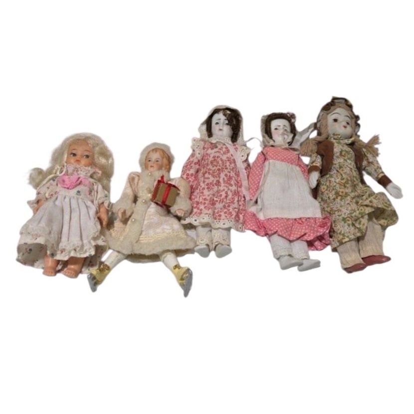 Lot of 5 Small Collectible Dolls  Porcelain Dolls, Victorian Style & Ice Skater Ornament