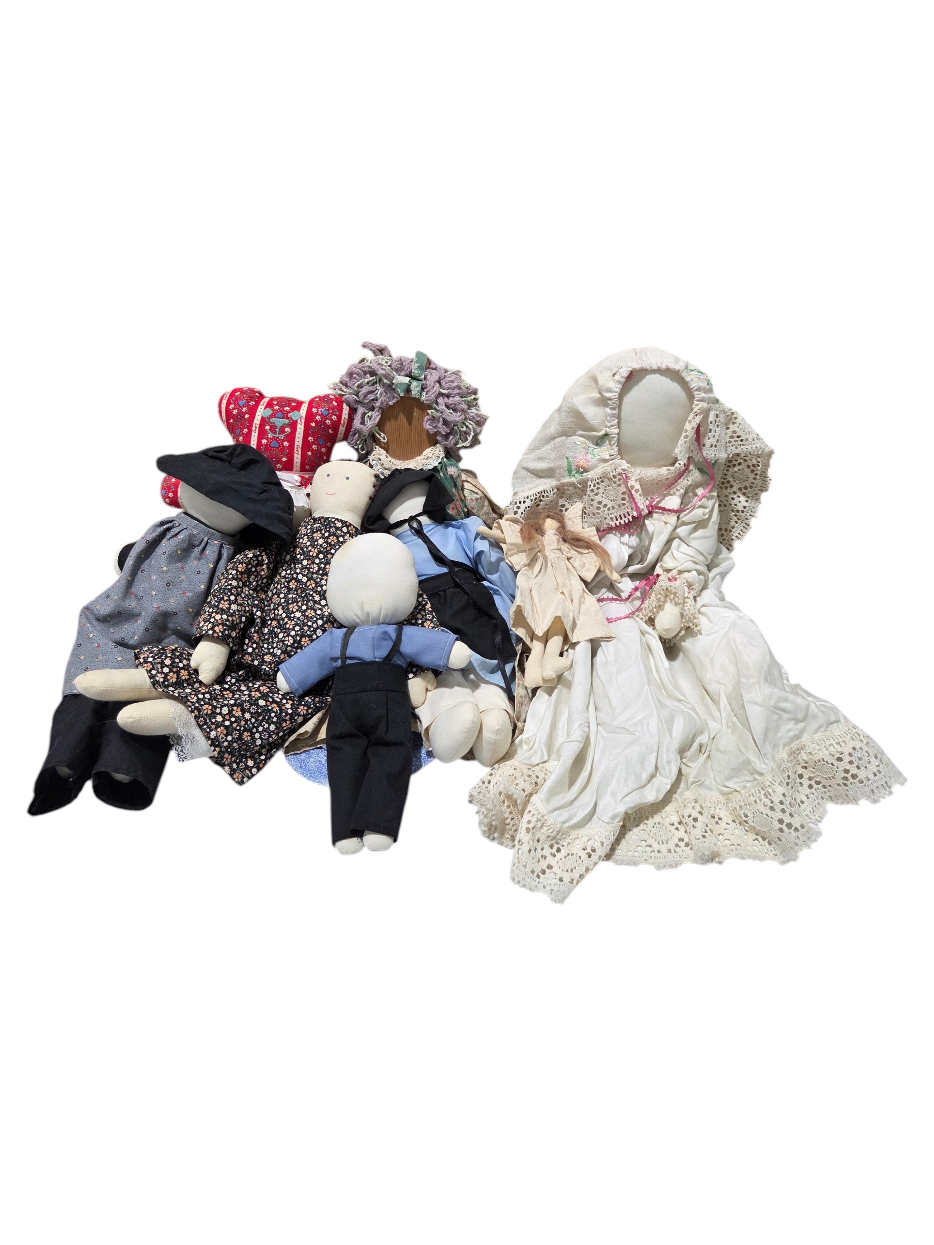Lot of Cloth Folk Art Dolls  Amish Style, Handmade Fabric Dolls & Large White Lace Doll