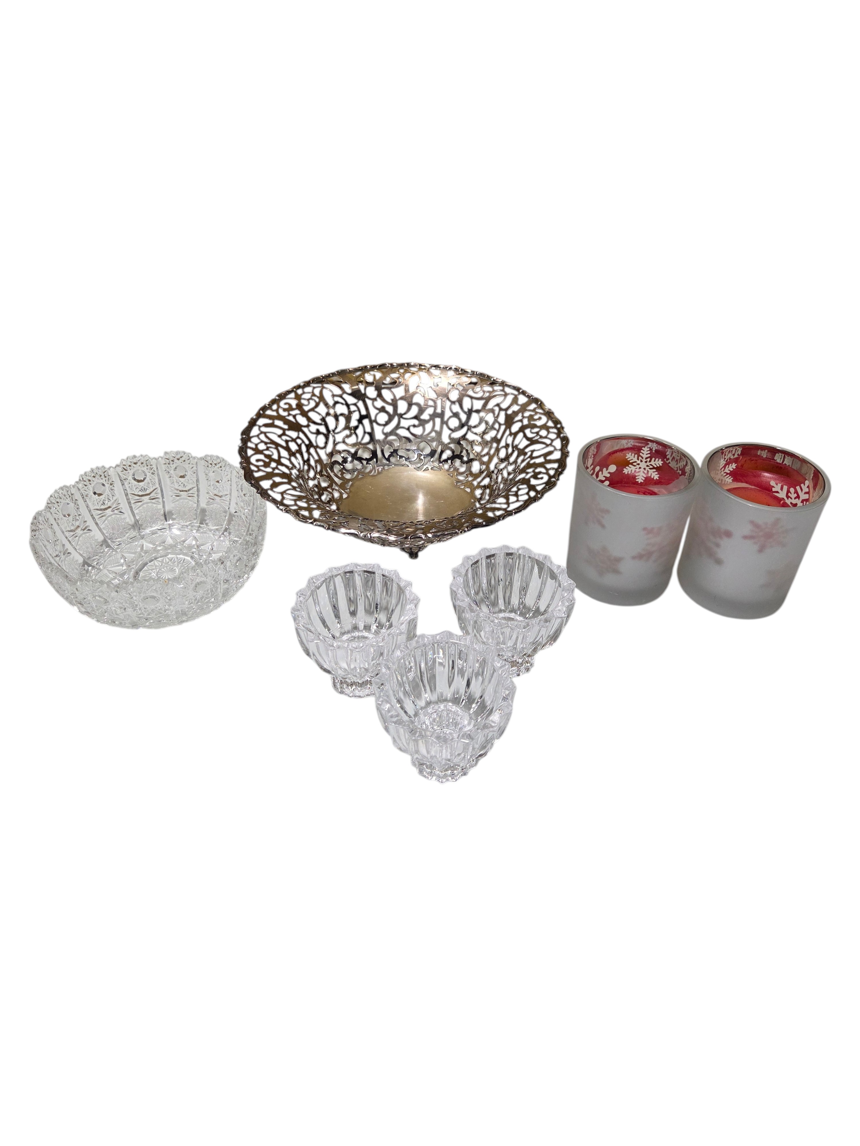 Decorative Crystal Bowls, WMF Silverplate Pierced Bowl & Glass Votive Holders