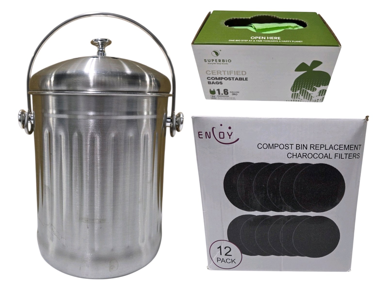 Stainless Steel Countertop Compost Bin with Filters & SuperBio 1.6 Gal Compostable Bags