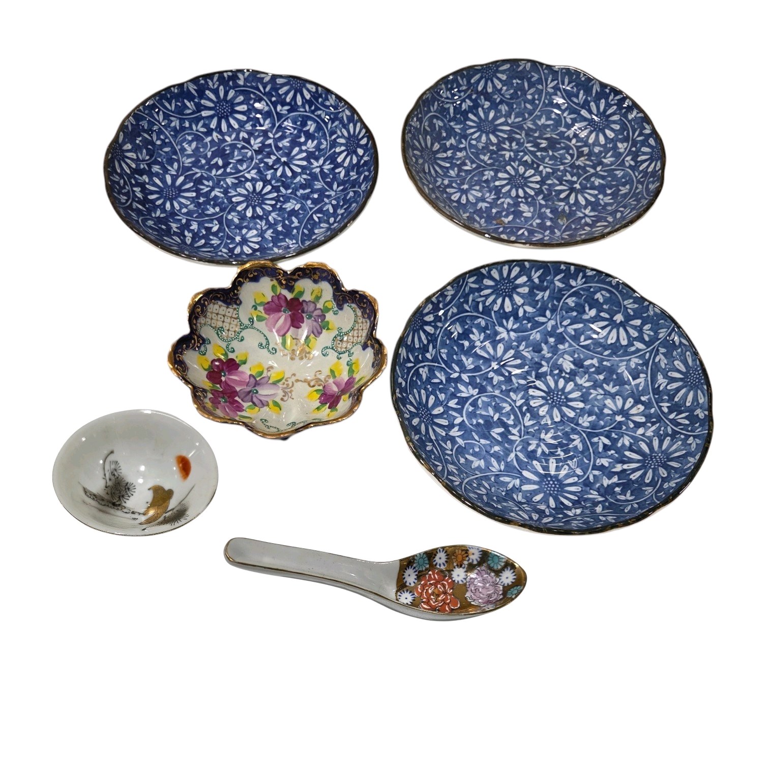 Japanese Blue Floral Bowls, Hand Painted Footed Dish & Porcelain Spoon Lot
