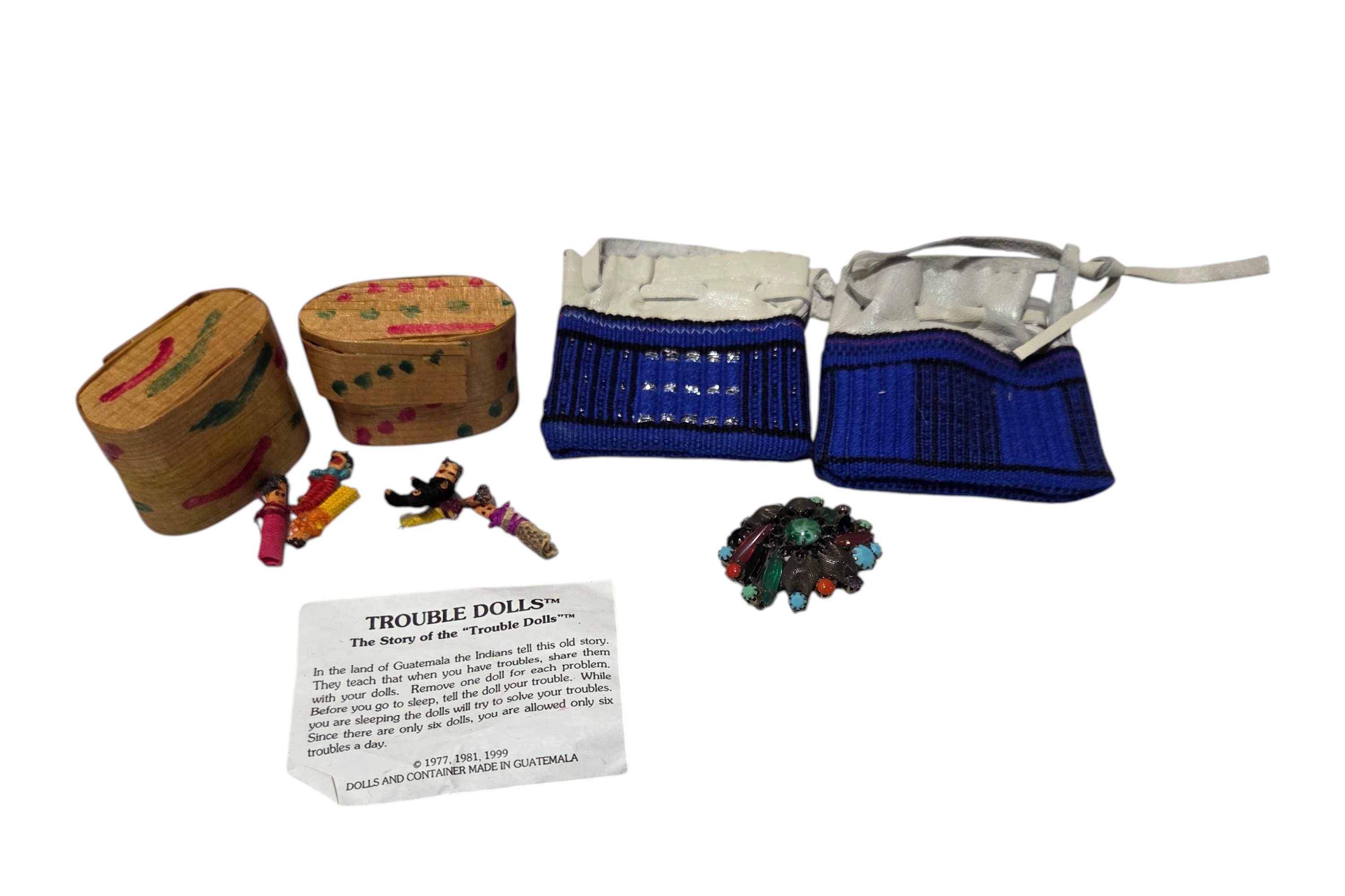 Assorted Mini Cultural Decor Lot - Guatemala Trouble Dolls, Ornate Brooch, Mini Pouches & Boxes