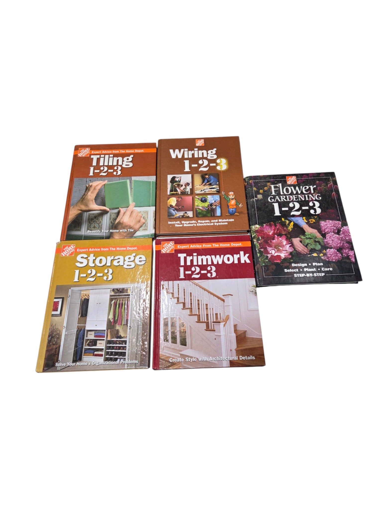5 Home Depot 1-2-3 Hardcover DIY Books  Wiring, Tiling, Storage, Trimwork, Flower Gardening