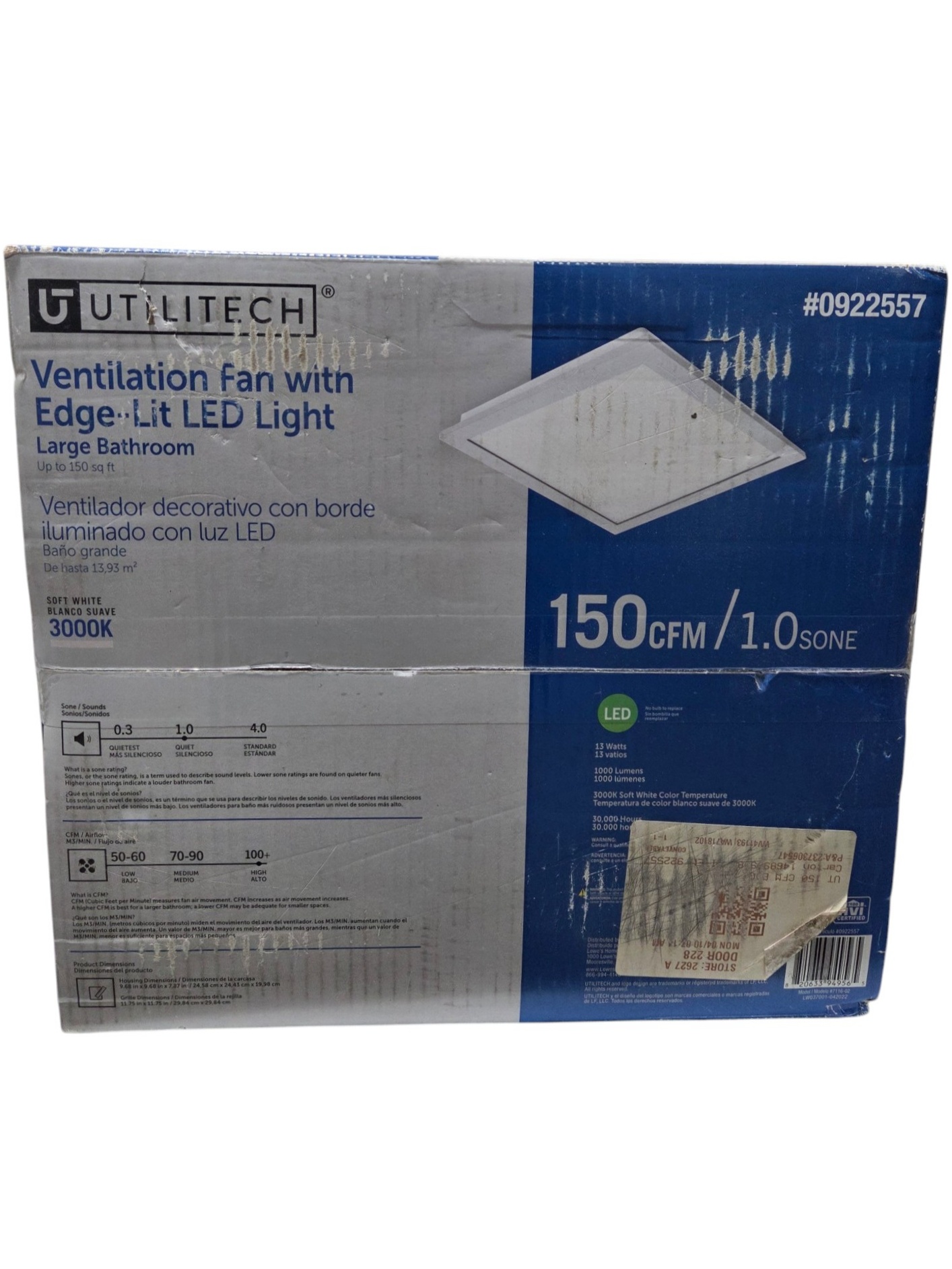 Utilitech 150 CFM Bathroom Ventilation Fan with Edge-Lit LED Light #0922557