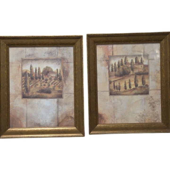 Pair of Framed Tuscan Landscape Wall Art Prints Gold Tone Frames Approx. 20x24