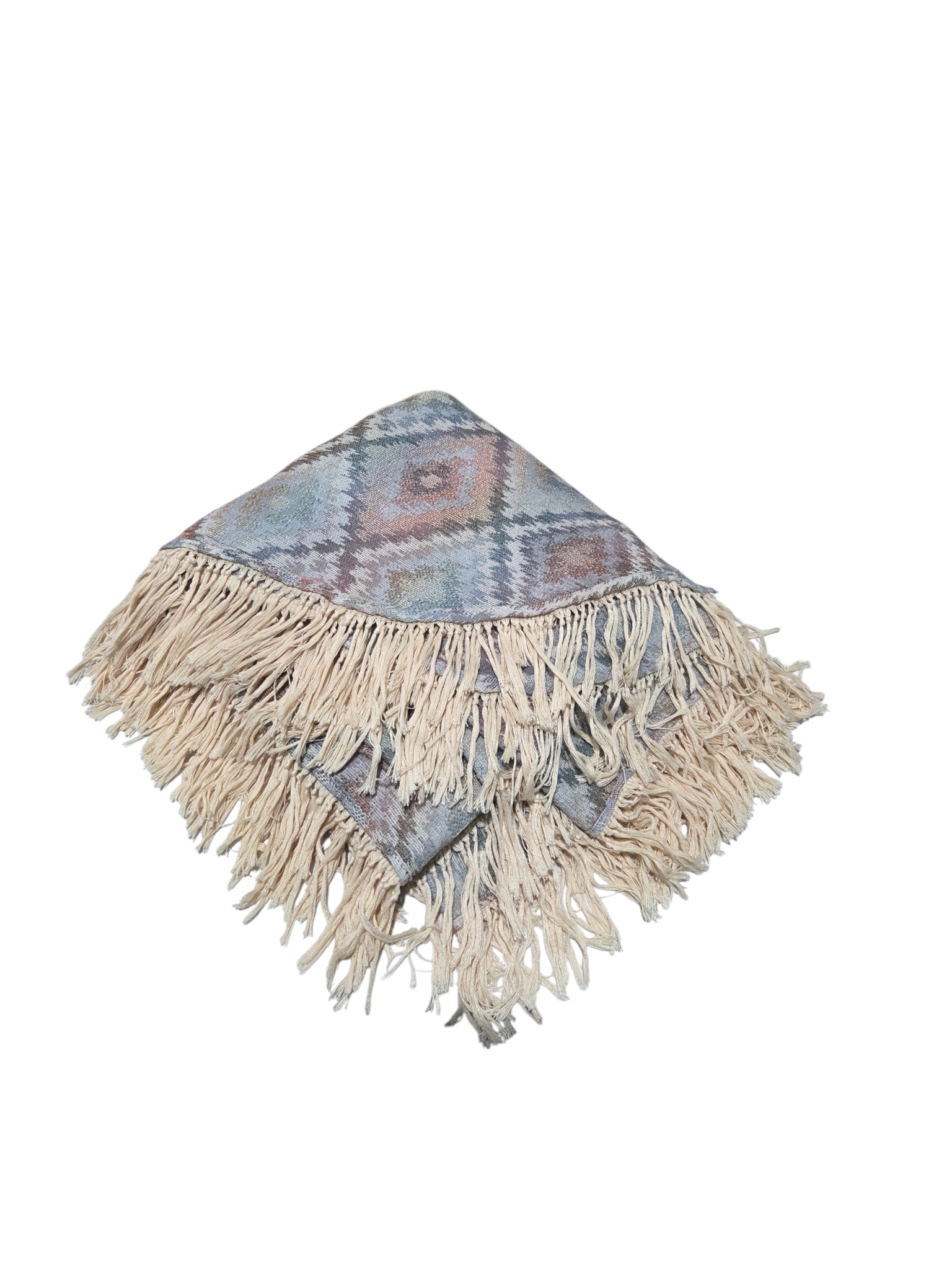 Round Southwest Style Fringe Area Rug  Throw Rug, Blue & Tan
