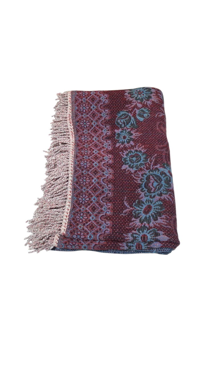 Rectangular Floral Fringe Accent Rug  Throw Rug, Burgundy & Blue