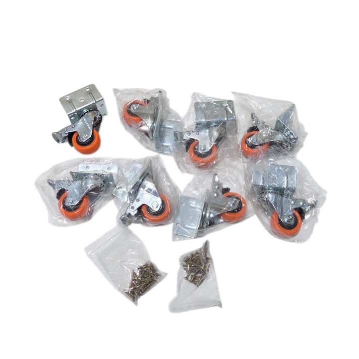 Set of 8 Orange Swivel Caster Wheels With Brakes & Mounting Screws