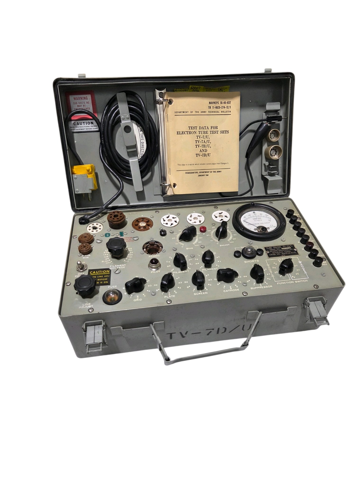 Retail / collector value: about $800–$1,400+, Vintage Military TV-7D/U Electron Tube Tester With Case, Cords & Army Test Data Manual
