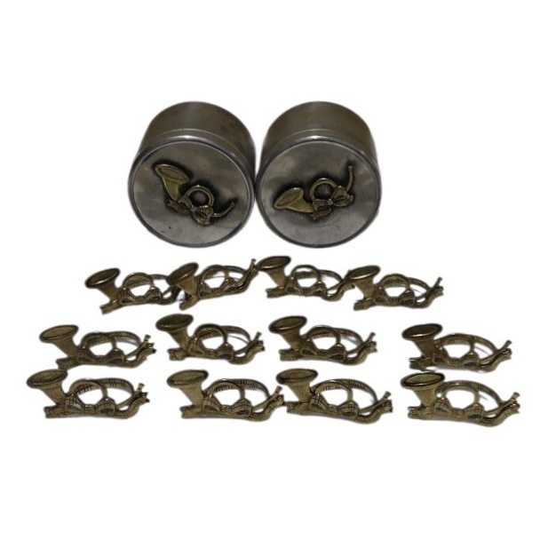 Set of 12 Brass Tone Musical Instrument Napkin Rings With 2 Round Containers
